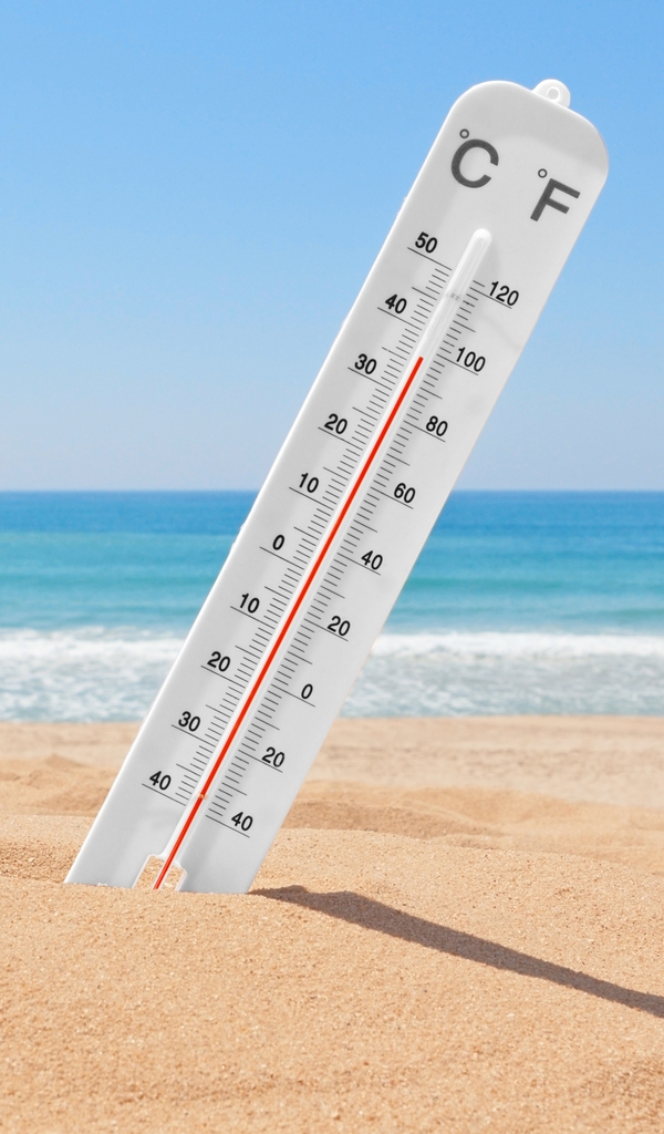 Картинка: Градусник, градус фаренгейта, градус цельсия, небо, море, песок, пляж, жара, лето, день, солнце, тень