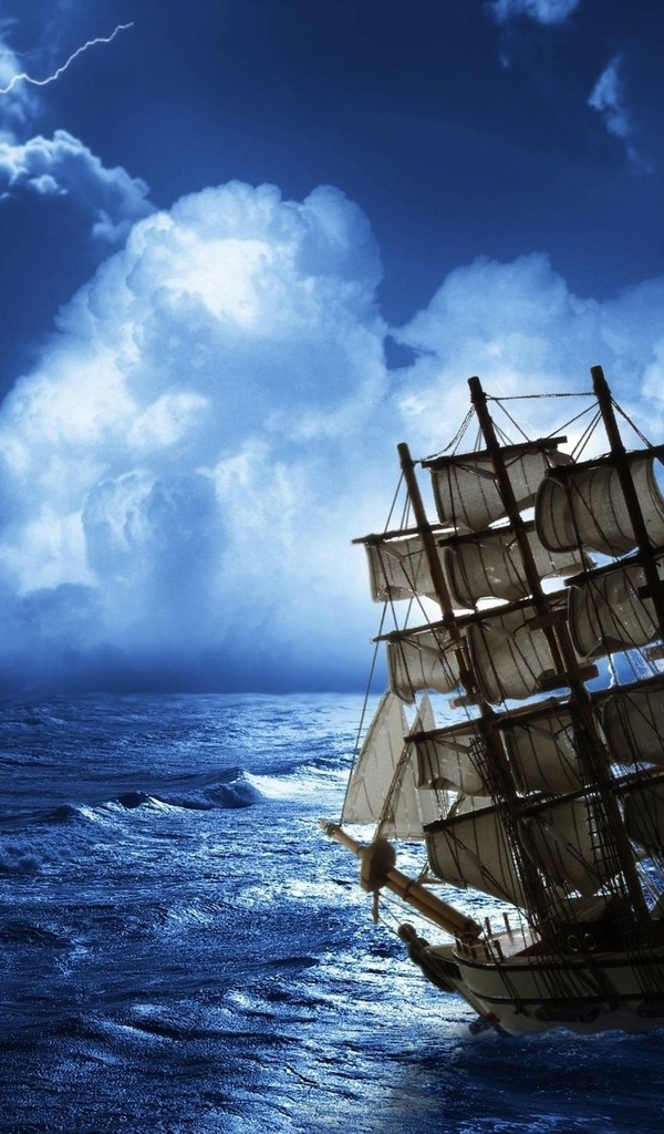 Image: Ship, sailboat, sails, mast, waves, water, sea, ocean, sky, clouds, lightning, storm