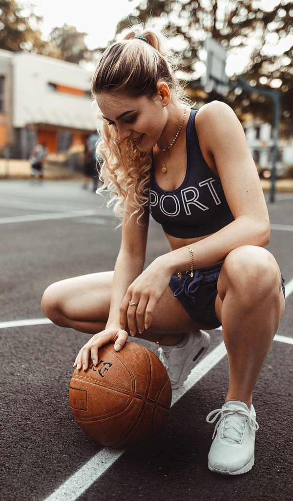 Image: Girl, sitting, baseball, ball, athlete, court, markings, posing