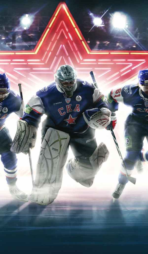 Картинка: Хоккей, команда, клуб, СКА, звезда, лёд, вратарь, клюшки, форма