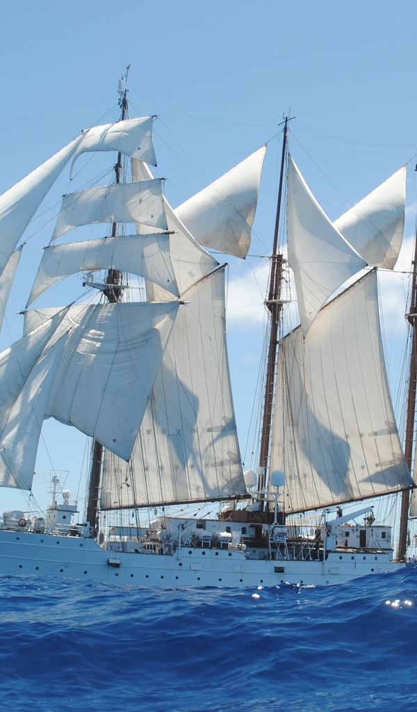 Image: Barcentina, Juan Sebastian Elcano, white sails, ship, Spain, water, ocean, sky, blue