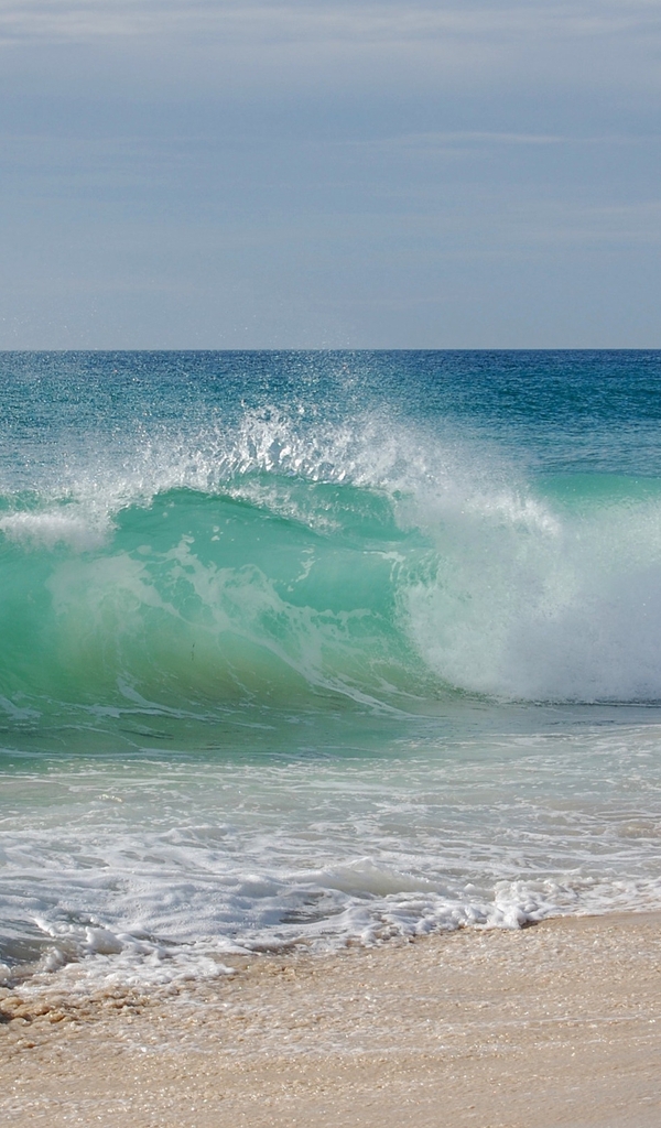 Image: Sea, ocean, water, waves, spray, foam, beach, sand, land, sky, horizon