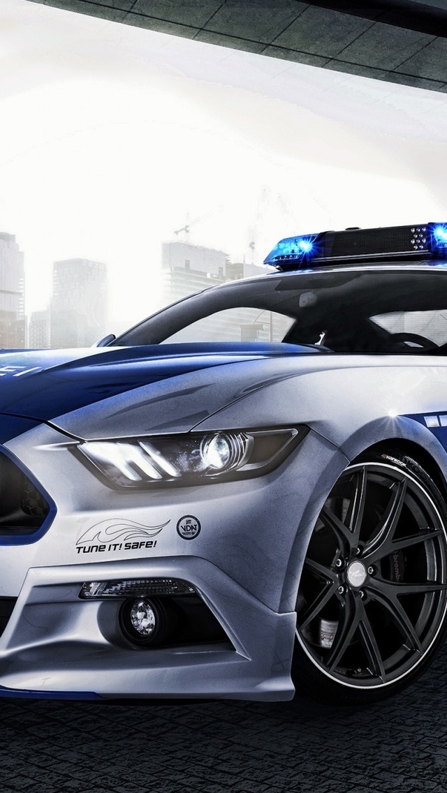 Картинка: Полицейская, тюнинг, Форд, город, высотки, Мустанг, Ford, Mustang, V8, GT, Немецкий, Polizei