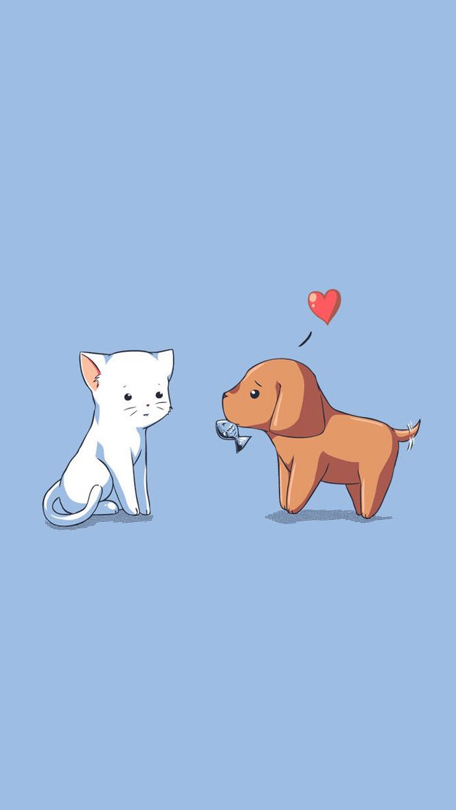 Картинка: Кот, собака, сердечко, рыбка, подарок, фон