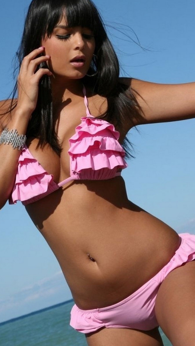 Image: Brunette, model, breasts, bikini, pink, pose