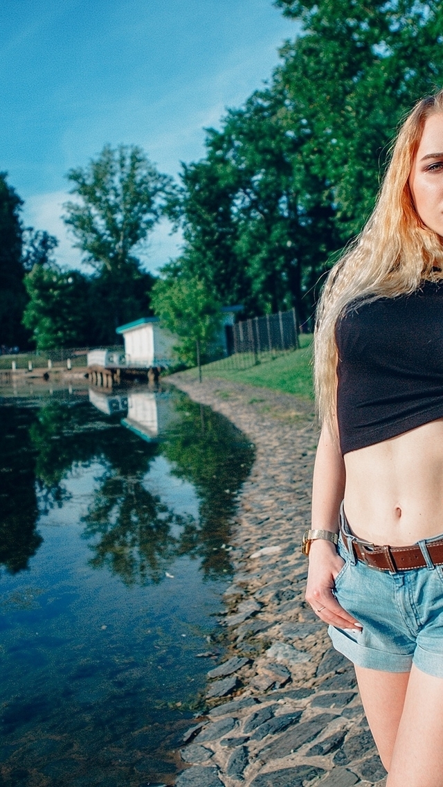 Image: girl, blonde, river, water, waterfront, summer