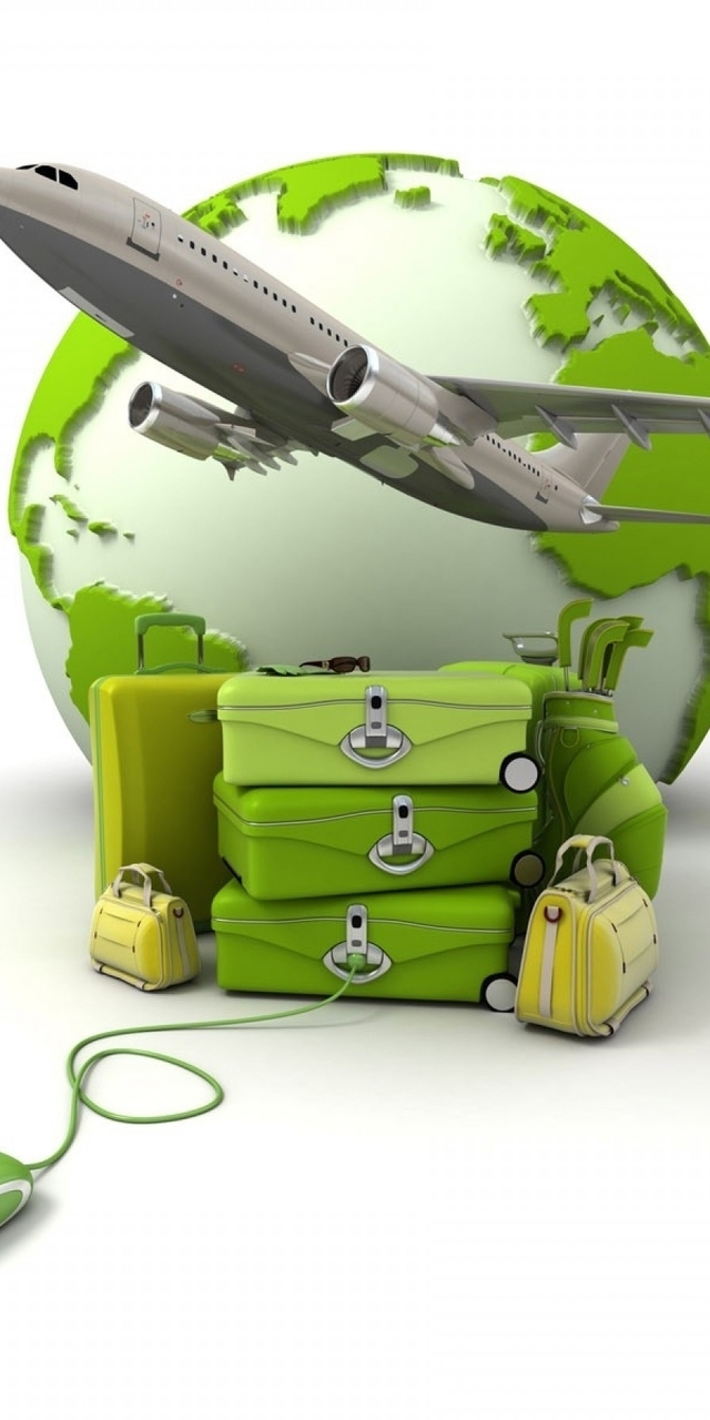 Картинка: Самолёт, полёт, сумки, чемоданы, путешествие, планета, компьютерная мышь, белый фон