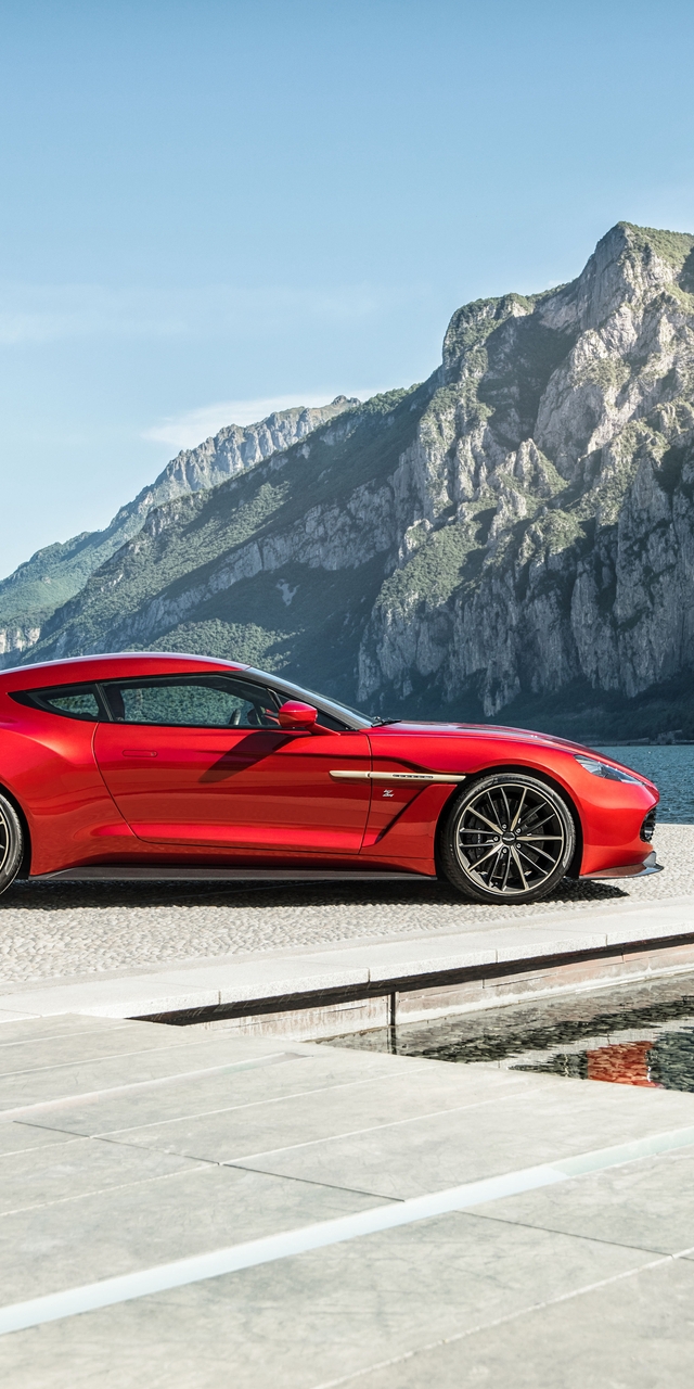 Картинка: Aston Martin, Red, красный, суперкар, небо, горы, озеро, вид сбоку