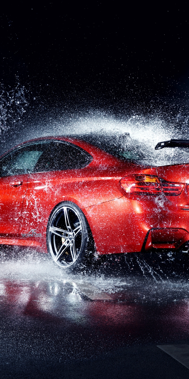 Image: BMW, M4, coupe, red, splashing, water, wet, asphalt, lighting, light