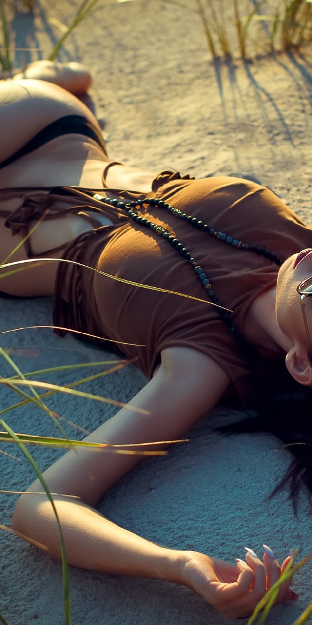 Image: Girl, lying, sand, grass, tattoo, glasses, brunette