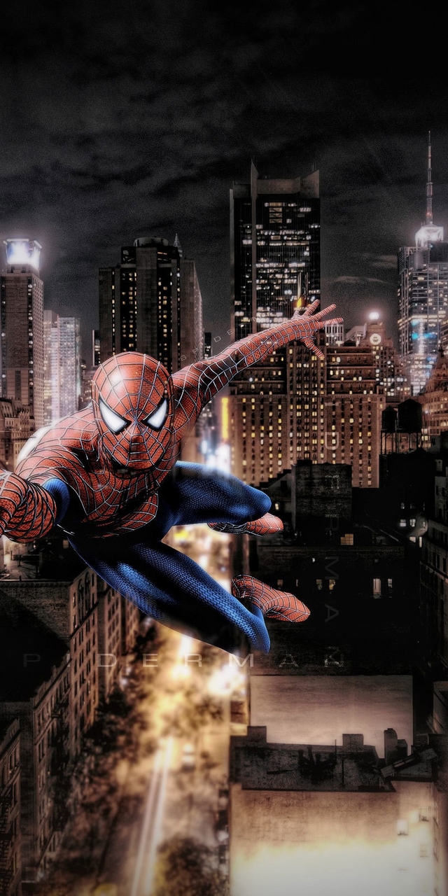 Картинка: Человек-паук, город, выстрел, летит, высотки, ночь, огни