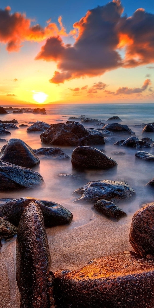 Image: Clouds, sunset, sun, sea, coast, stones, sand, beach