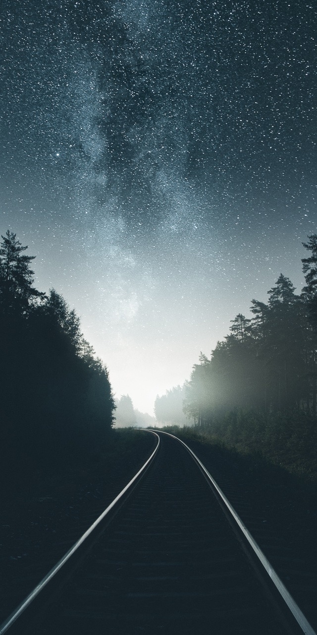 Картинка: Ночь, железная дорога, небо, звёзды, млечный путь, свет, лес