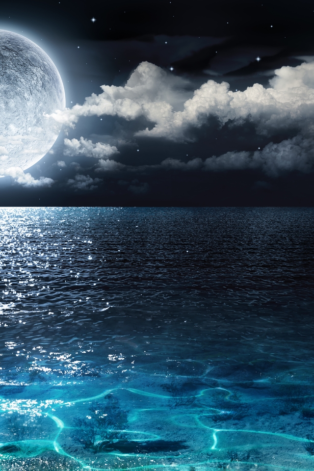 Картинка: Ночь, луна, море, звезды, облака, 3D