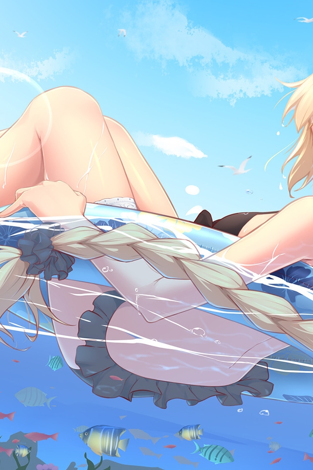 Image: Girl, blonde, sea, swim, inflatable circle, fish