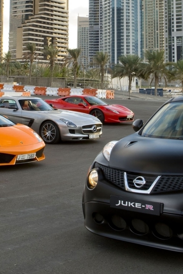 Картинка: Nissan, Juke-R, Ниссан, Жук, суперкары, высотки, пальмы, площадка