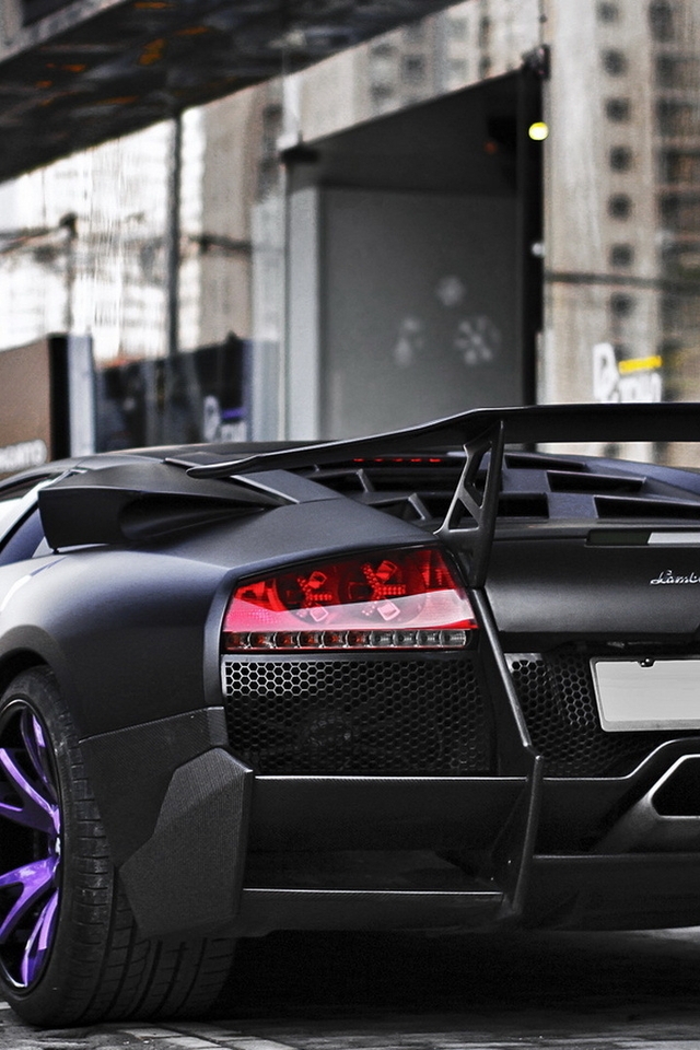 Картинка: Lamborghini, Murcielago, SV, черный, матовый, улица, тротуар, здание