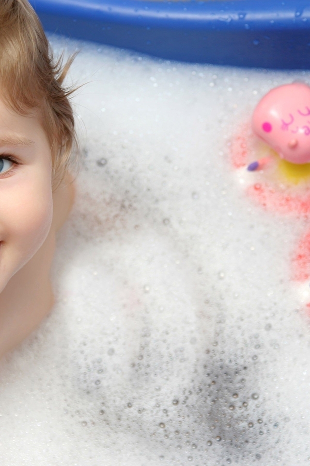 Image: Little girl, baby, bathing, bath, foam, toy, joy, smile