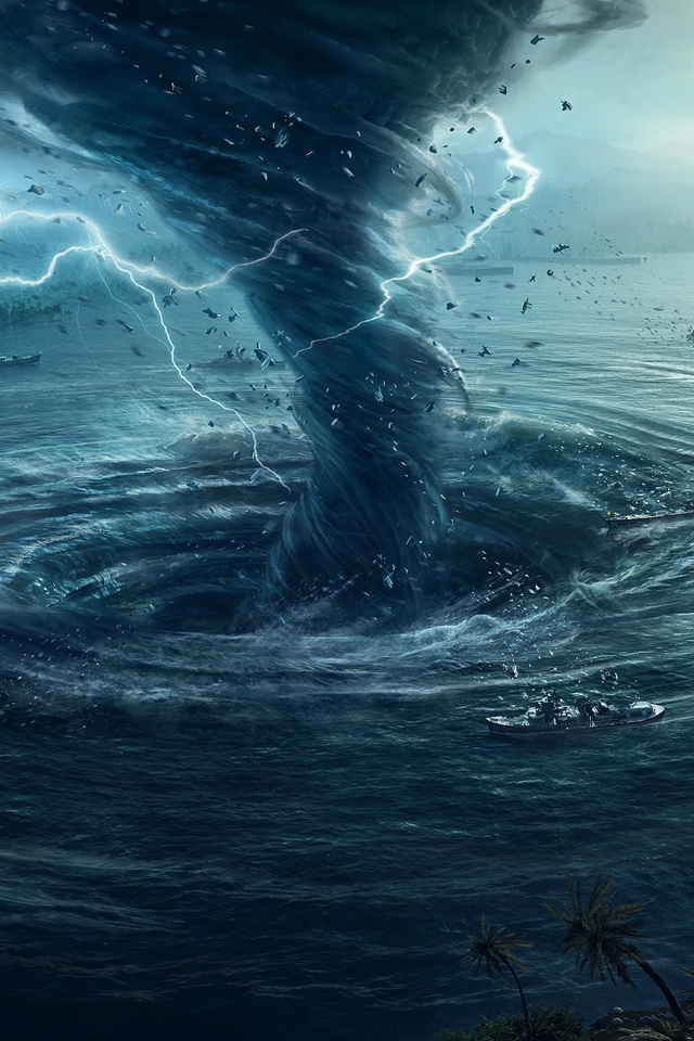 Image: Storm, tornado, funnel, lightning, ships, palm trees, water, sea, storm