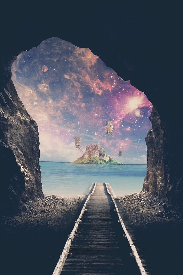 Картинка: Путь, дорога, железная, вода, арка, туннель, небо, звёзды, луна, остров, сияние