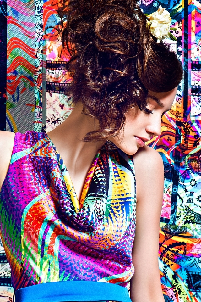 Image: Girl, model, hair, curls, bright dress, ornament