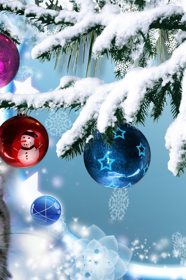 Image: Cat, muzzle, snow, snowflake, tree, toys, balls, stars, snowman, winter, New year, celebration