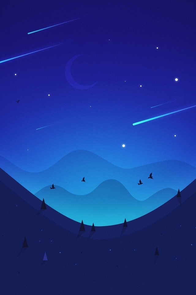 Картинка: Ночь, небо, звёзды, месяц, горы, птицы