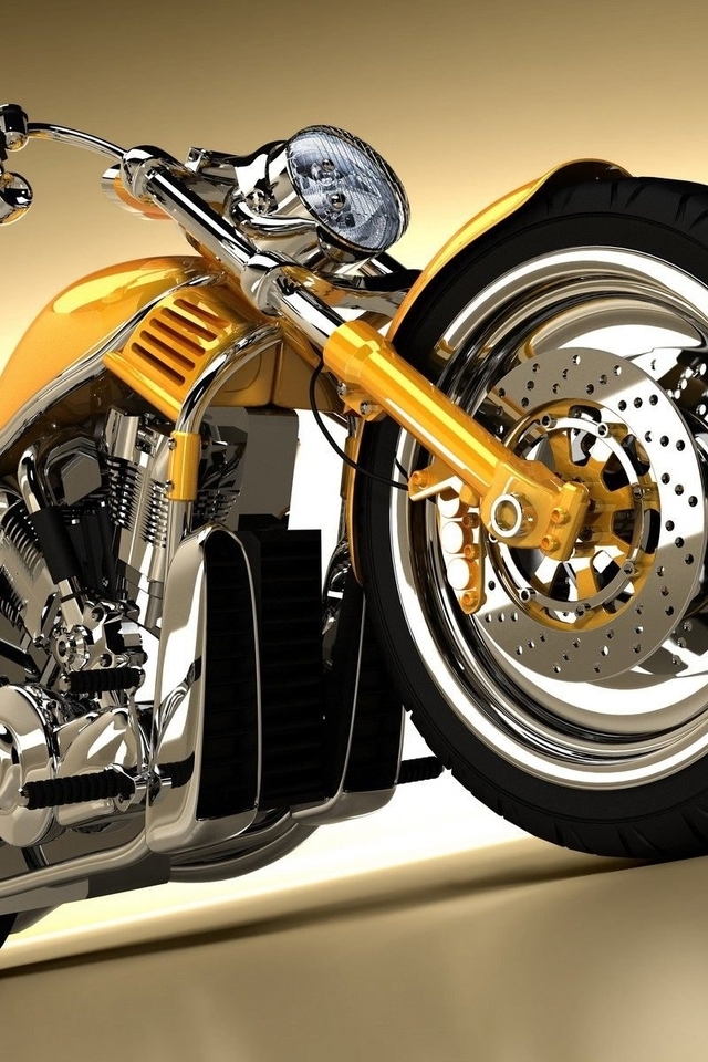 Image: Motorcycle, Harley Davidson, yellow, molding, wheels, handlebar, headlight, mirror