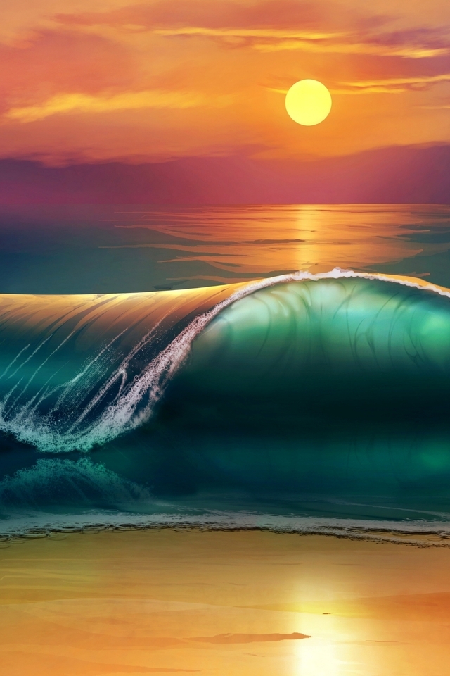 Картинка: Пляж, море, волна, солнце, небо, песок, закат