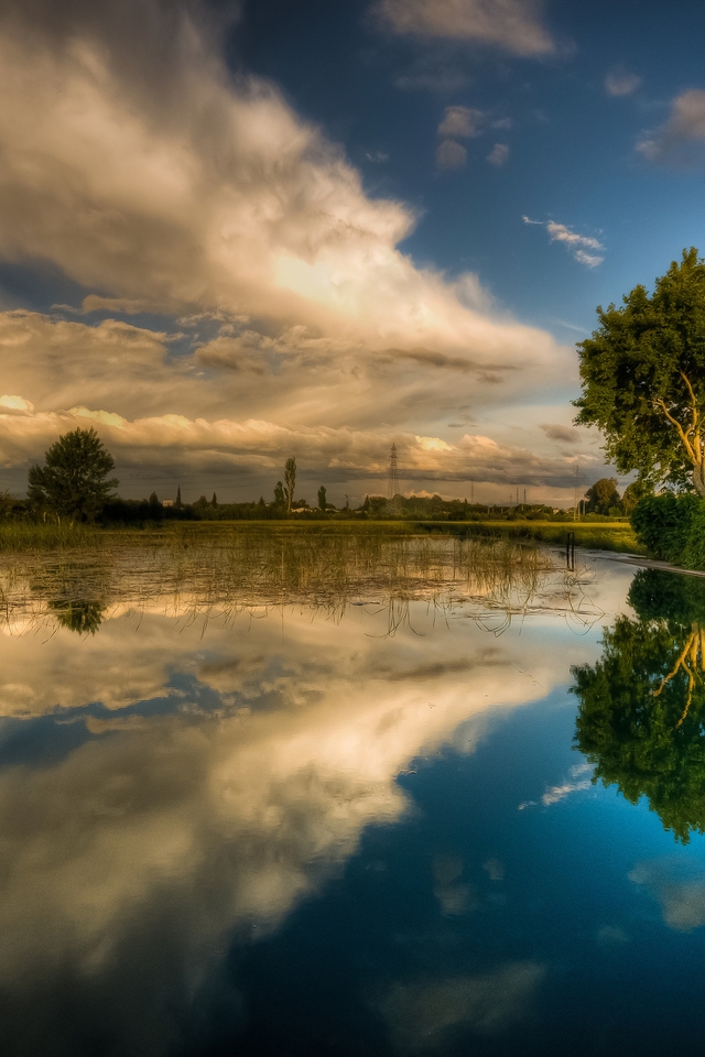 Картинка: Озеро, вода, деревья, небо, облака, отражение