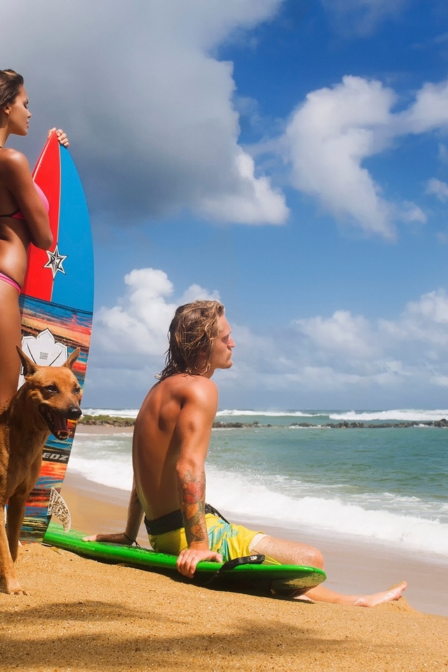 Image: Girl, brunette, model, Viktoria Odintsova, man, dog, beach, sand, sea, sun, day, board, surfing