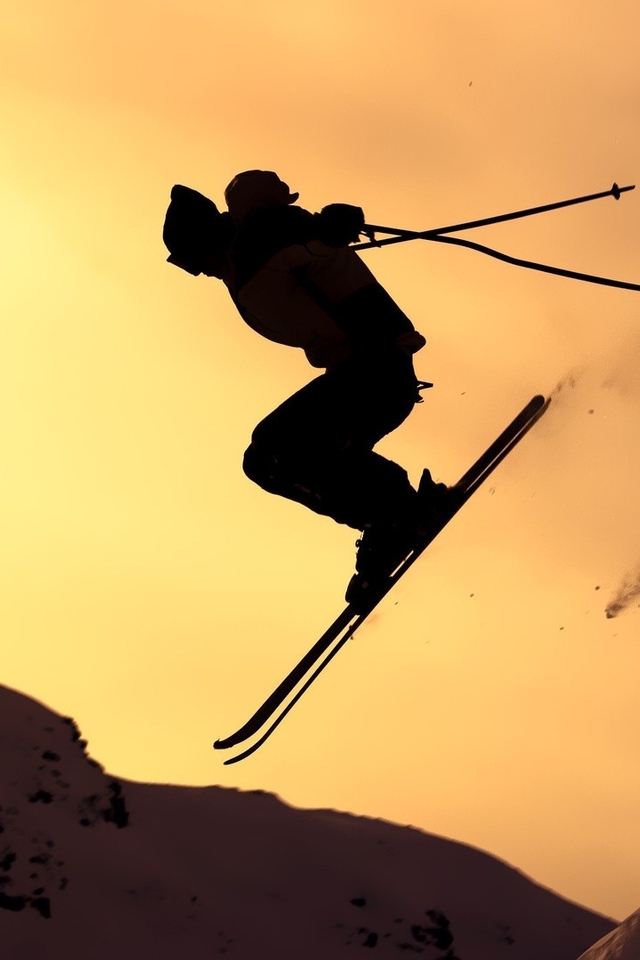 Image: Guy, jump, skiing, mountains, slope, extreme, sunset