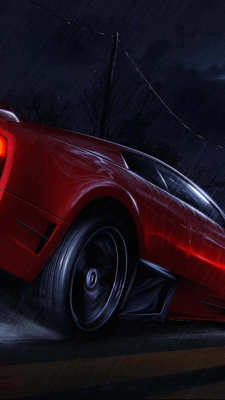 Картинка: Суперкар, красный, Lamborghini, дорога, луна, ночь, дождь, скорость, брызги