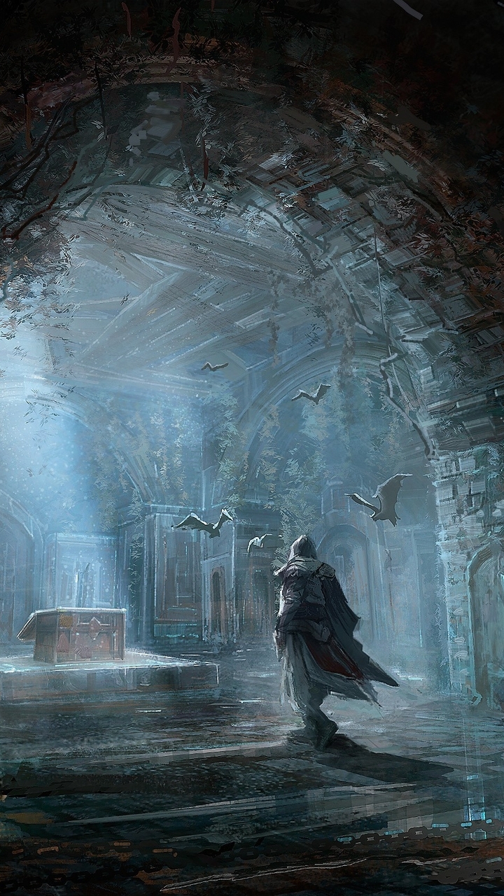 Картинка: Assassins Creed, Brotherhood, Братство крови, Эцио, сундук, арт, арка, свет, летучие мыши