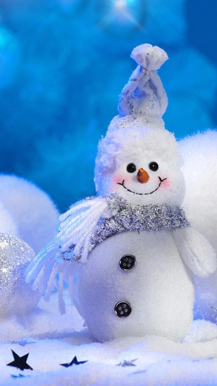 Картинка: Снеговик, снег, шары, снежинки, новый год, шарф, пуговицы, улыбка