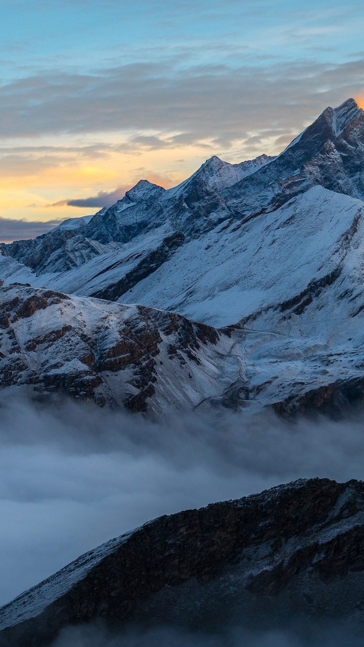 Image: Mountains, landscape, snow, fog, clouds, sky, sunset