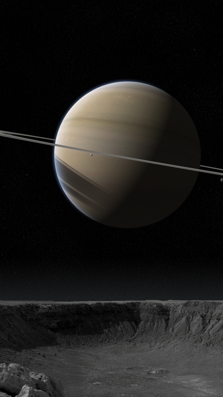 Картинка: Планета, гигант, газовый шар, Сатурн, кольца, спутники, космос, поверхность, кратер, камни
