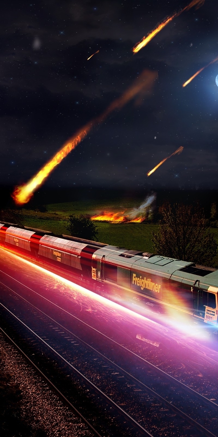 Картинка: Поезд, свечение, свет, огни, ночь, луна, метеориты, дома, железная дорога