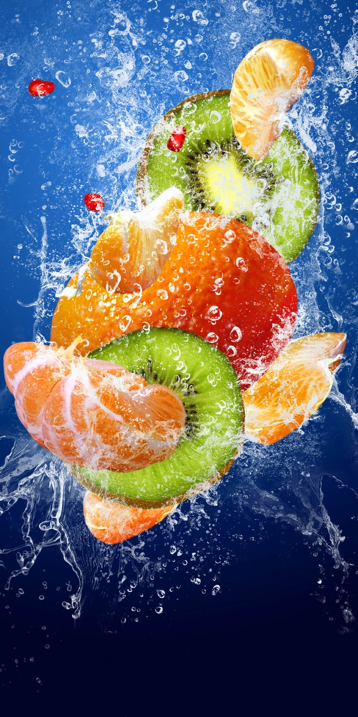 Картинка: Фрукты, дольки, киви, мандарин, апельсин, вода, брызги, погружение, синий фон