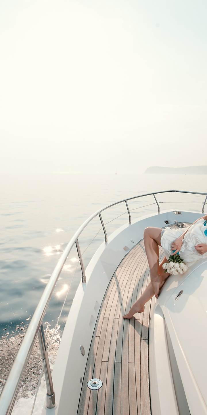 Image: Girl, flowers, pose, yacht, sea, mountain, island, horizon, sky