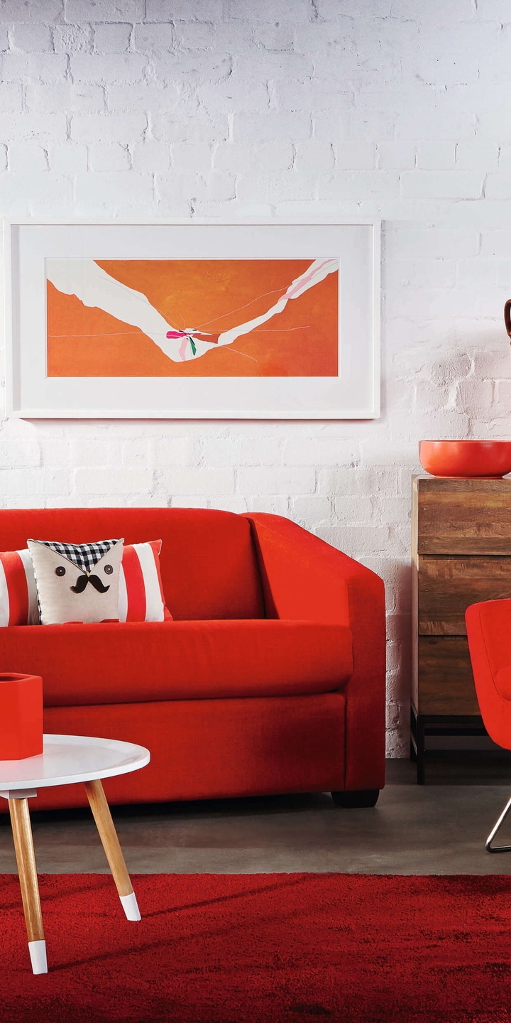 Картинка: Декор, комната, красный, цвет, интерьер, диван, кресло, подушки, картина, ковёр, стена, кирпичная