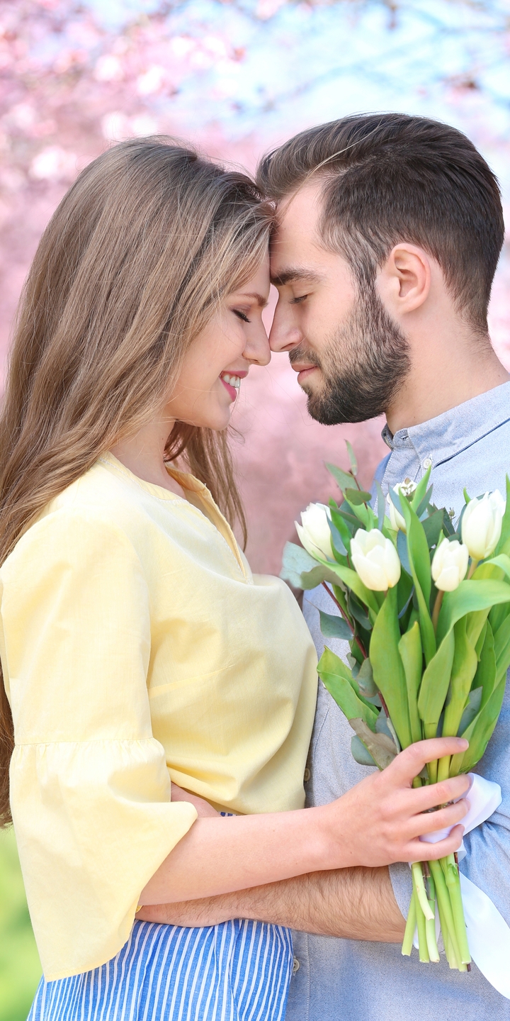 Image: Couple, flowers, tulips, man, girl, love, park, trees