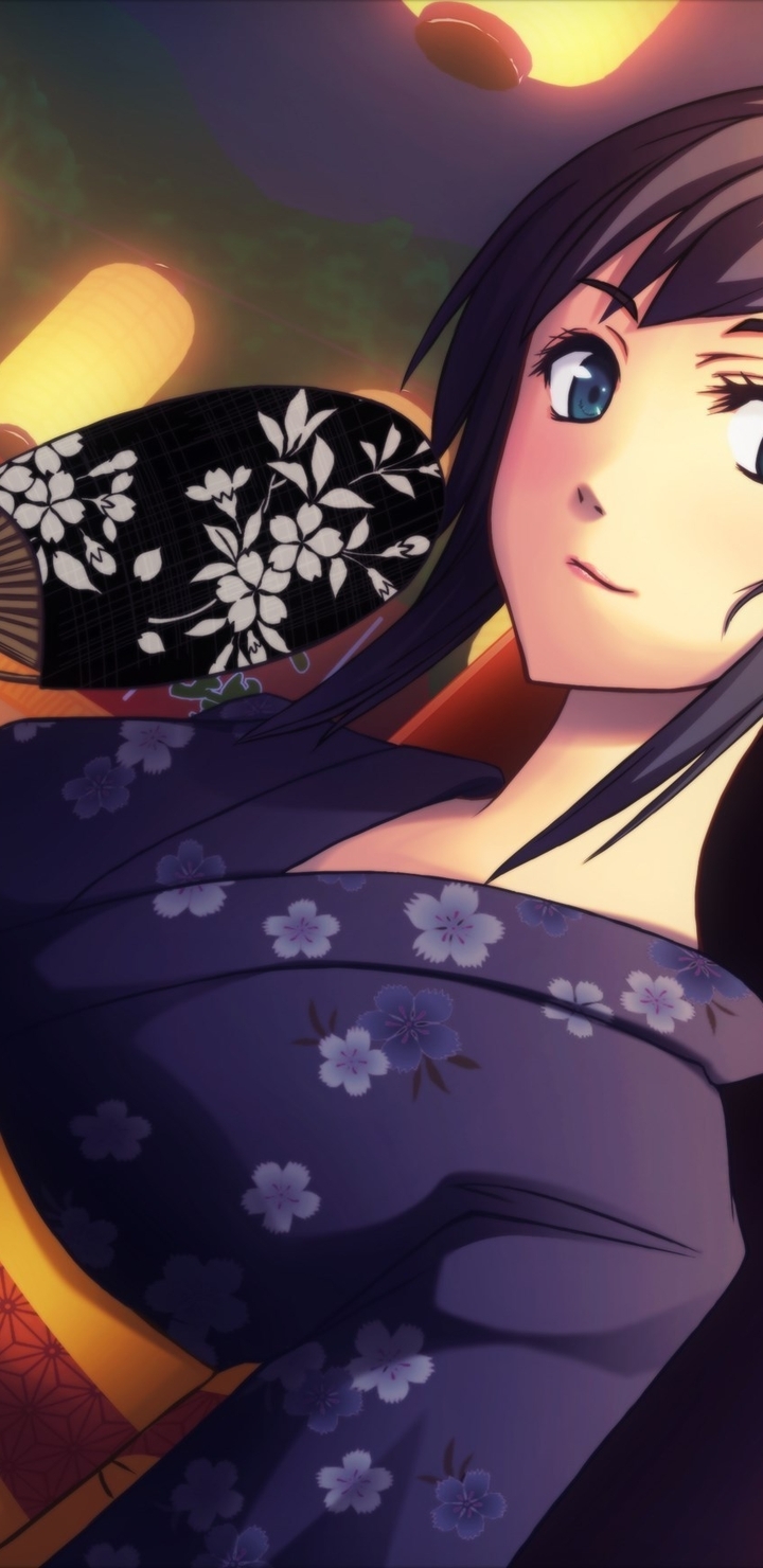 Image: Girl, Japanese girl, face, eyes, kimono, fan, characters