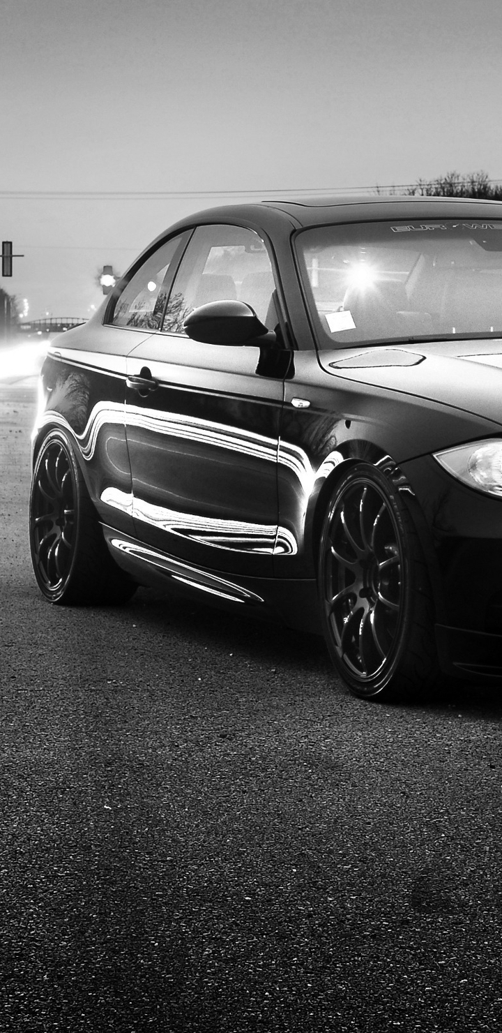Image: BMW, black and white, wheels, lights, road, highway, lamp, lights, lighting, trees