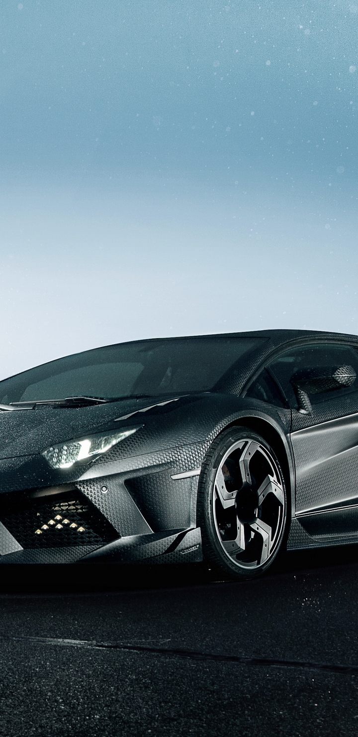 Картинка: Суперкар, Lamborghini, Aventador, LP1250-4, Mansory, Carbonado, черный, свет, асфальт, небо