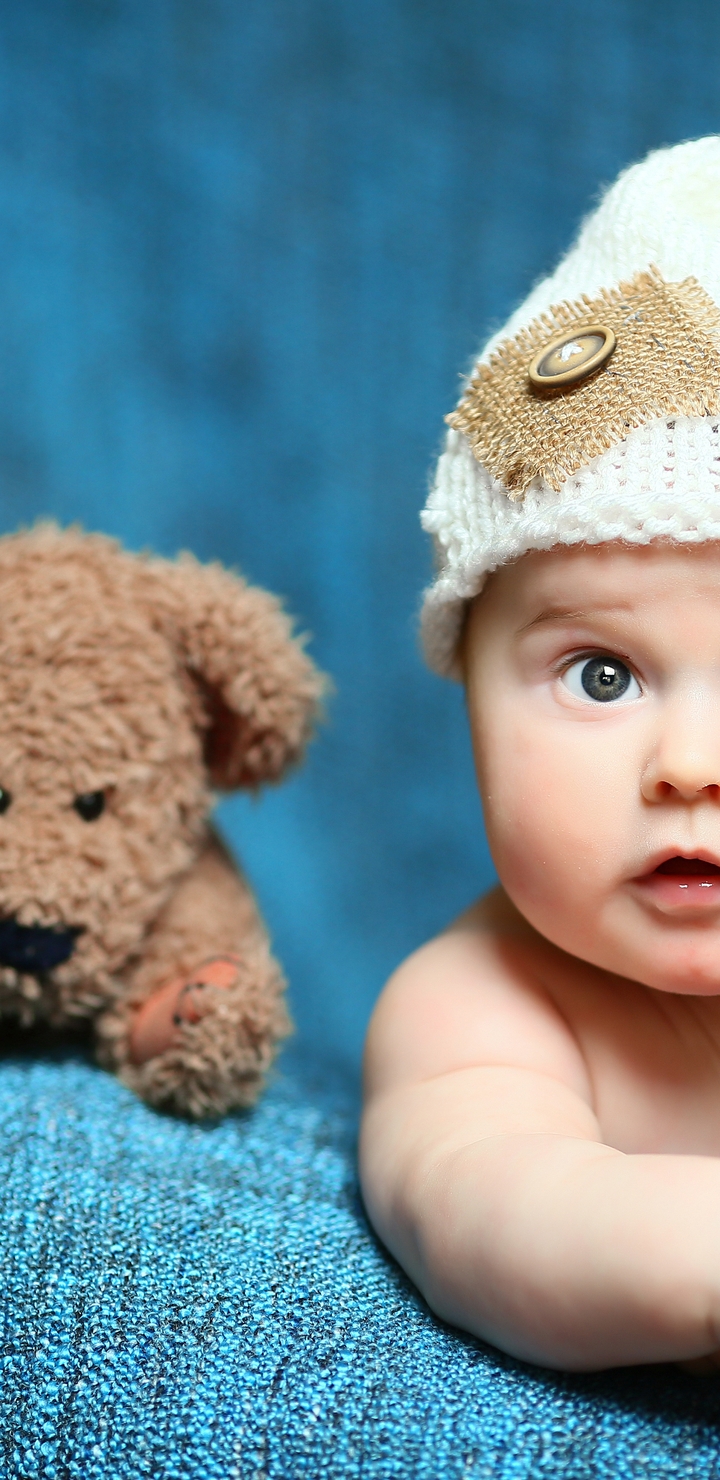 Картинка: Ребёнок, младенец, мишка, игрушка, взгляд, шапка, ткань