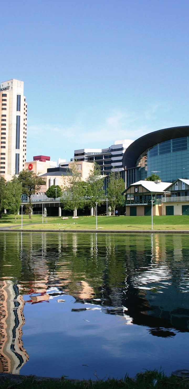 Image: Adelaide, Australia, buildings, promenade, river, swans