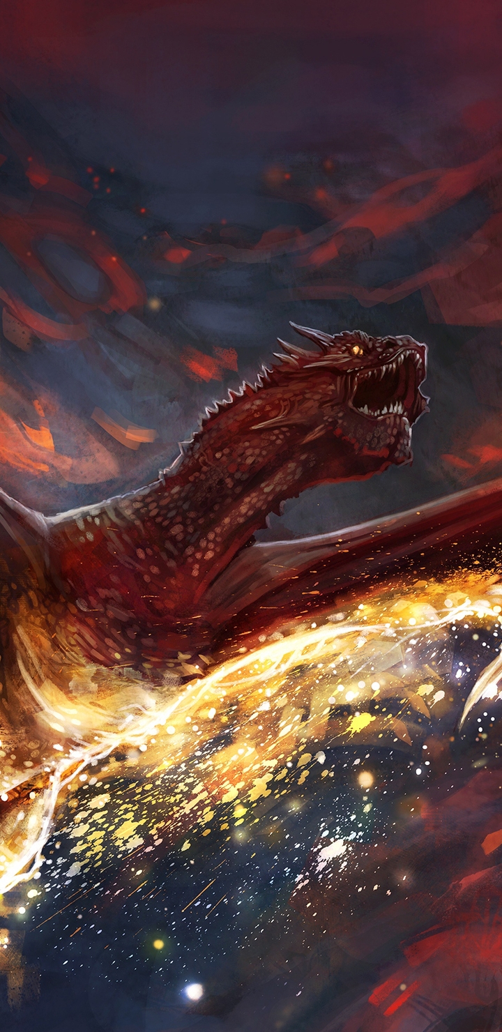 Картинка: Красный, крылатый, дракон, летит, горит, арт, огонь, пламенный
