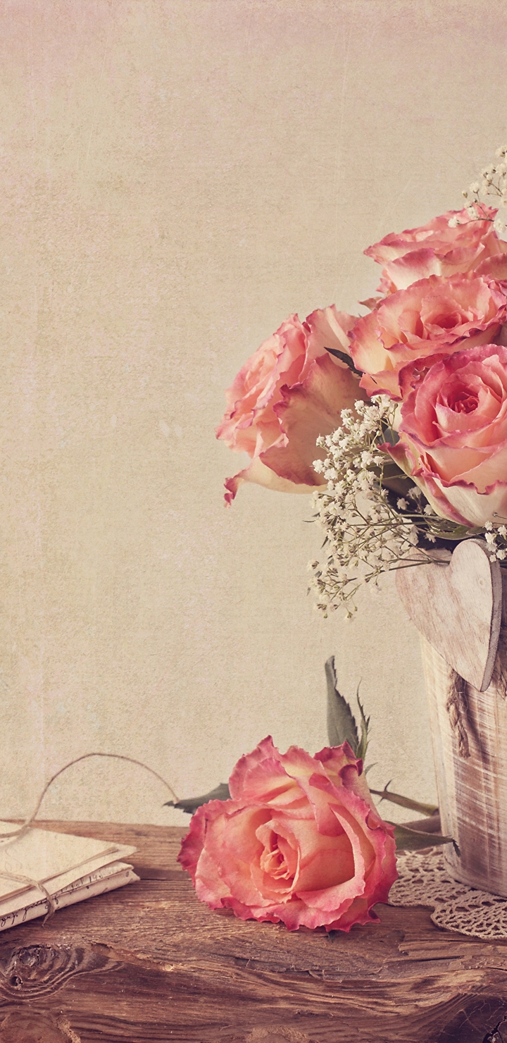 Картинка: Розы, букет, цветы, розовые, ваза, письмо