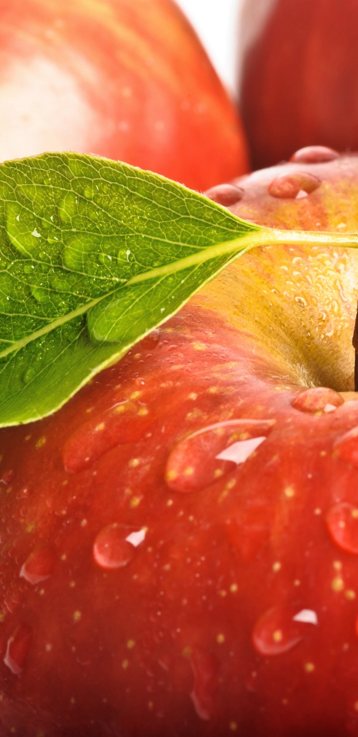 Картинка: Яблоки, красное, фрукты, листик, вода, капли